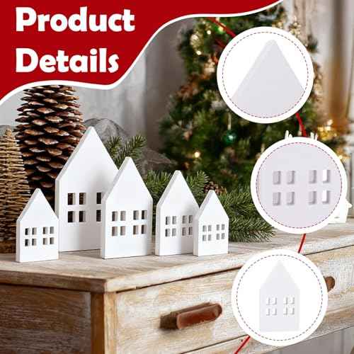 4pcs Wooden House Home Sign for Tiered Tray Table Centerpiece Decorations,Rustic Farmhouse White Small Wood Houses Shaped Sign for Coffee Table,Living Room Home Kitchen Decor