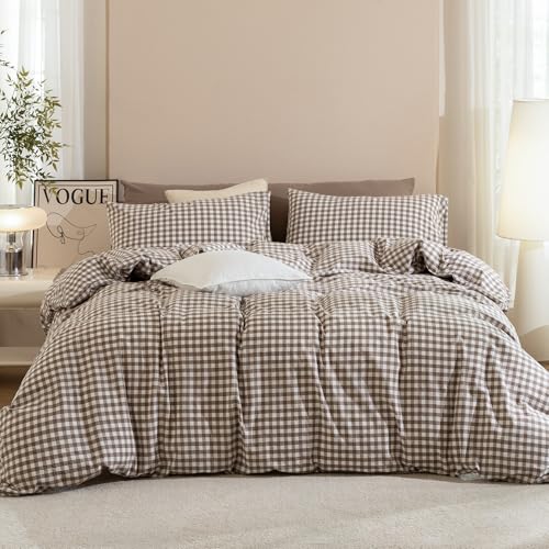 JIYUAN California King Cotton Duvet Cover Set Light Brown Gingham - No Comforter