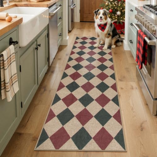 Lahome 2'6" x 8' Red and Green Checkered Christmas Runner Rug Non Slip Entryway Decor