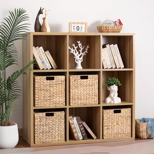 DINGTAI Water Hyacinth Storage Baskets - 12x12x12in Foldable Cubes for Shelves, Set of 3, Wicker Organizers for IKEA Kallax