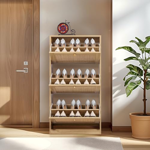 Natural Rattan 3-Tier Shoe Cabinet with Flip Drawers & Large Top Storage