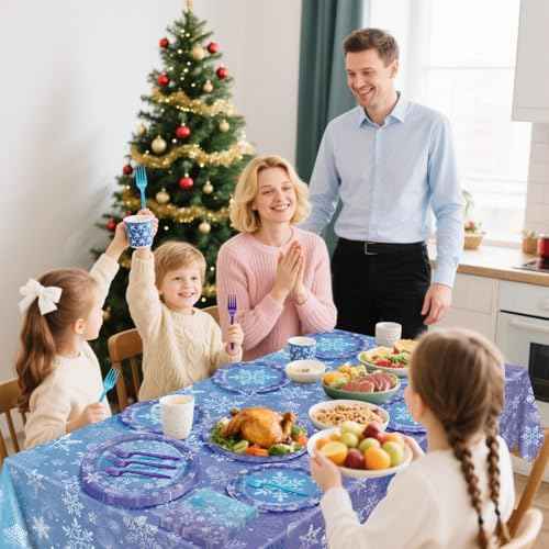 Winter Snowflake Party Supplies for 20 Guests, Disposable Tableware Set Includes Paper Plates, Napkins, Forks, Tablecloth for Girls Princess Party Christmas Winter Holiday Party Decorations