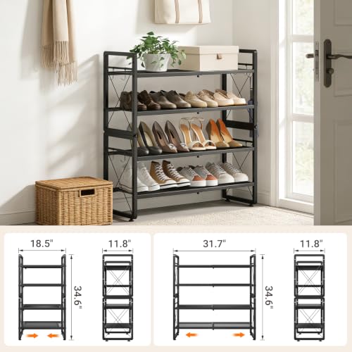 ELYKEN Expandable Shoe Rack for Closet, 4-Tier Metal Black Organizer