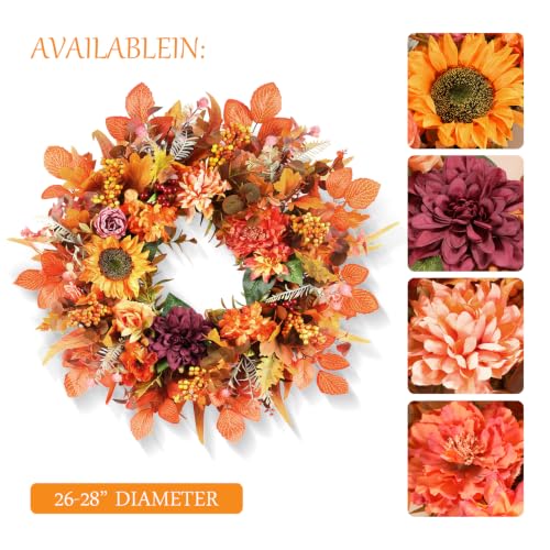 Luxurious Fall Wreath 26 Inch Front Door Decor Sunflowers Hydrangeas Dahlias Autumn Leaves - Outdoor Indoor Thanksgiving Harvest Farmhouse