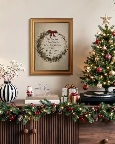 WHASAYART Framed 16x12 Christian Christmas Wreath Bow Wall Art – Vintage Style