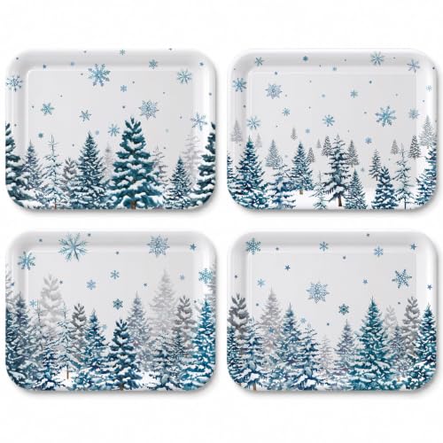 White Winter Holiday Serving Trays Set of 4 Melamine Platters for Xmas & Parties