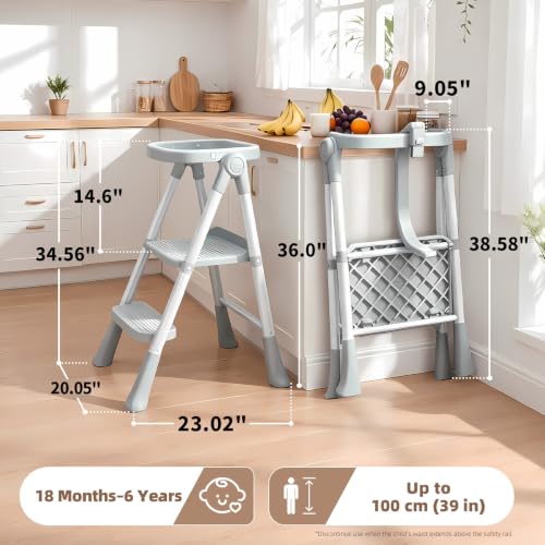 Foldable Toddler Standing Tower - Gray, Montessori Kitchen & Learning Stool for Kids 1.5-6 Years