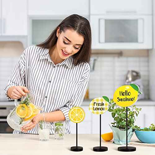 Maitys 3 Pcs Summer Lemon Tabletop Decor Standing Lemon Block Wooden Table Centerpiece Sign Table Summer Decor for Home Kitchen