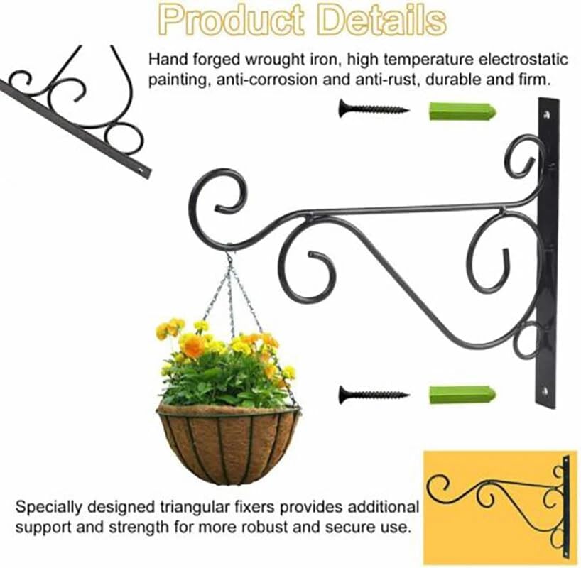 Metal Hanging Plant Brackets - 9.84-Inch Black Iron Wall Mount Hanger for Outdoor Plants & Lanterns