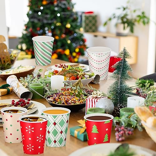 Funtery Christmas 16 oz Disposable Coffee Cups with Lids - 120 Pack, 6 Styles, Hot Cocoa & Party Drinkware