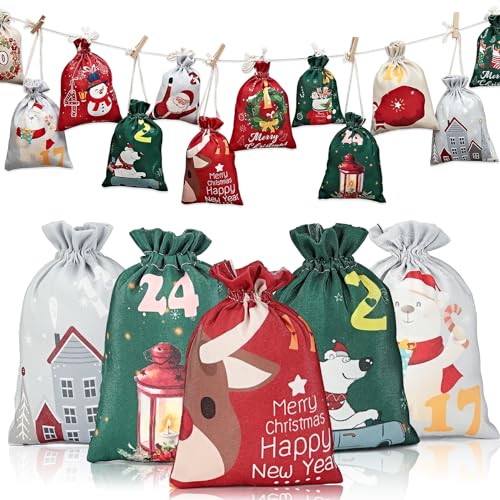 Gmngis Christmas Burlap Treat Bags 2025 - 24 Pack Holiday Gift Bags with Drawstrings