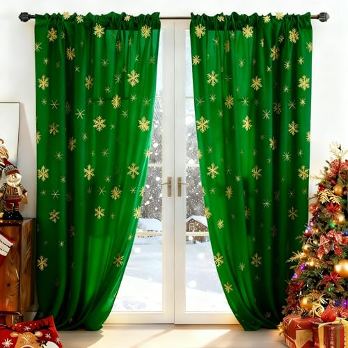 MikiUp Christmas Snowflakes Sheer Curtains 2 Pack Green & Gold 52x95 inches