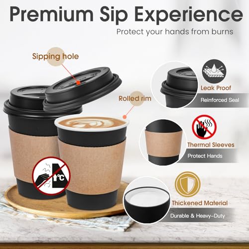Ginkgo 12 oz Disposable Coffee Cups with Lids & Sleeves - Pack of 100