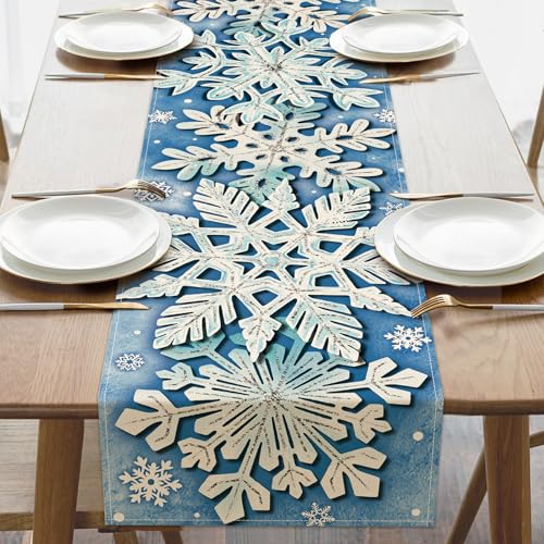 Winter Snowflake Blue Table Runner, Christmas Snow Kitchen Dining Table Decoration, Seasonal Burlap Indoor Outdoor Home Decor Party Supply 13 x 72 Inches