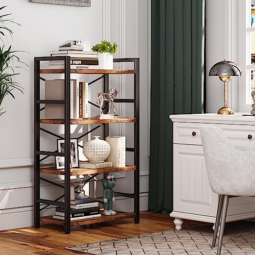 Homeiju 4-Tier Rustic Metal Bookshelf - Small Storage Organizer for Living Room & Bedroom