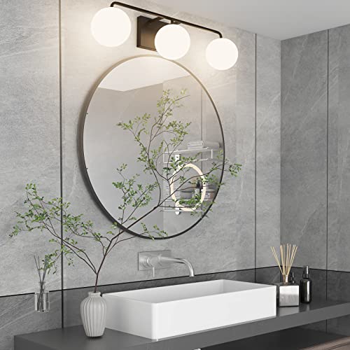 Black 24.4 Inch Mid Century Modern Bathroom Vanity Light Fixture - 3 Globe Glass Sconces