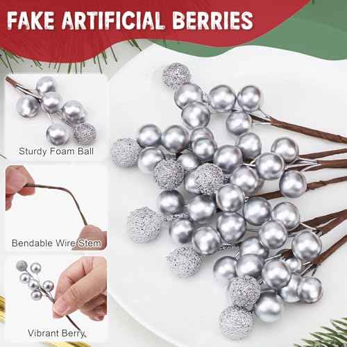 10pcs Fake Silvery Berries Artificial Glitter Decorations Glitter Foam Flower Core Lifelike Plants Picks Wedding Holiday DIY Crafts Bouquet
