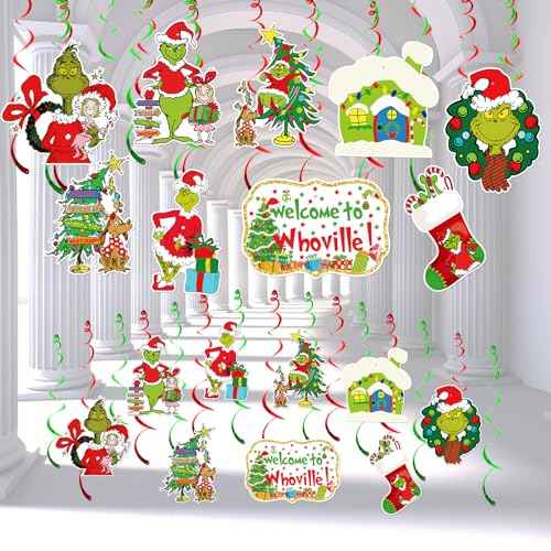 36pcs Welcome to Whoville Hanging Streamers Decorations, Hanging Swirls Party Decorations Green Monster Ceiling Decorations Christmas Birthday Party Decorations Outdoor Decorations for Christmas