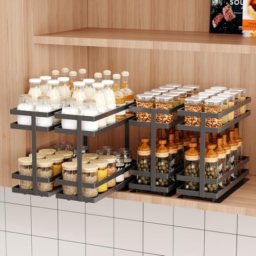 Mustorn Black 4-Pack Pull Out Spice Rack Organizer for Cabinets, 2-Tier Metal Slide Out Storage
