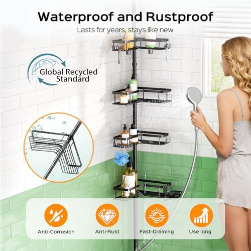 HAMITOR Shower Caddy - 4-Tier Rustproof Bathroom Organizer with Soap Holder & Hooks | Adjustable No-Drill Design - 47-123 Inch