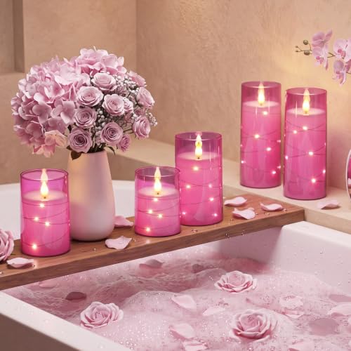 Pink Flickering Flameless Candles with Remote Control - D3" x H4" (Set of 5)