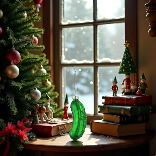 Jowxsx Christmas Pickle Tree Ornaments, Green Glass Blown Cucumber Hanging Ornaments with Lanyard, Traditional Christmas Tree Decoration