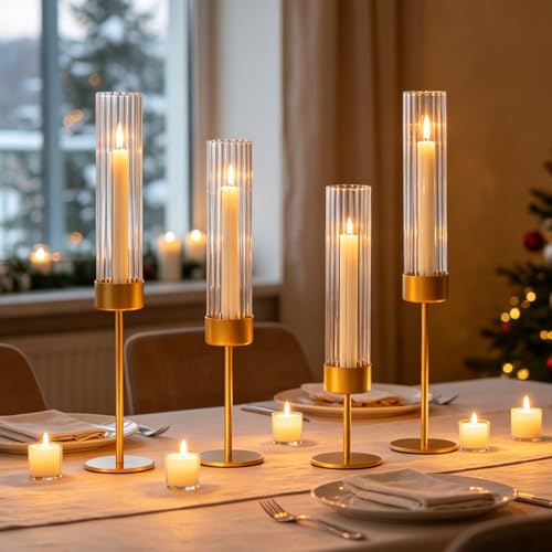 Etolies Gold Glass Hurricane Candle Holders Set of 6 – Tall Ribbed Cylinders for Weddings & Holidays