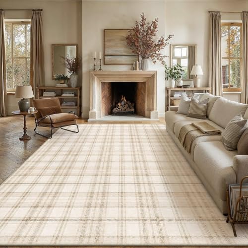WondRg 7' x 9' Beige Plaid Living Room Area Rug - Non-Slip, Pet-Friendly