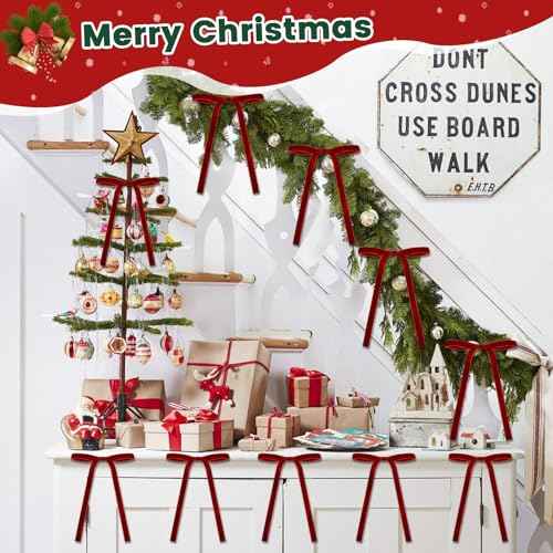 50 Pcs Velvet Christmas Bows for Christmas Tree, 3/8 Inch Width Velvet Christmas Bows, Velvet Ribbon Wreath Bows for Christmas Tree Home Decor Indoor Outdoor Decoration (Burgundy Red)
