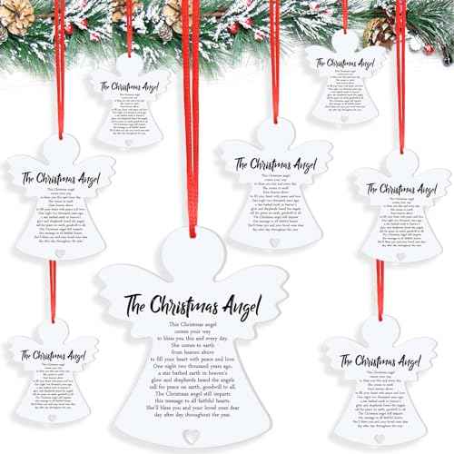 Barydat 12 Pcs Christmas Wooden Angel Ornaments Angel Hanging Ornaments for Christmas Tree Decoration Double Sided White Angel Pray Sign for Xmas Tree Fireplace Friend Family