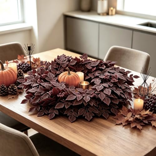 GIAUMA 26-Inch Fall Artificial Cimicifuga Leaves Wreath for Front Door Burgundy