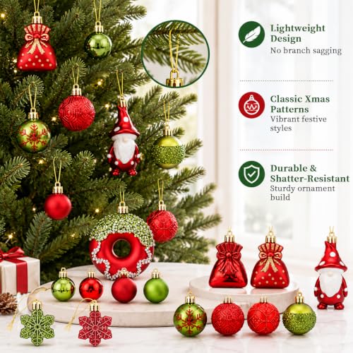 60-Piece Red & Green Christmas Ornament Set for Tree Decorations