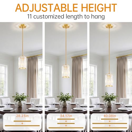 Esfos Gold Pendant Lights 3 Pack - Modern Crystal Kitchen Island Pendant with Adjustable Height, UL Certified, E26 Base