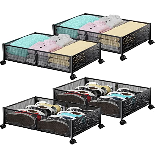 PHINOX Black Under Bed Storage with Wheels - 4 Pack, Foldable Metal Bins, 15.7x23.6"