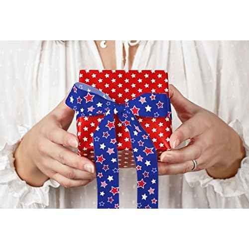 Threetols Patriotic Wired Edge Ribbons 2.5" 10 Yards, Veterans Day White Red Blue Wired Ribbons Patriotic Star Fabric Craft Ribbon American Patriotic Ribbon for Holiday Party DIY Christmas Decor