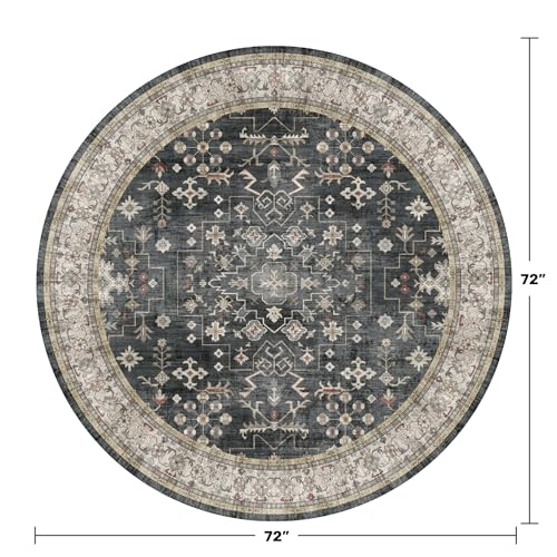 Ashen Black Boho Round Rug 6ft - Washable Vintage Circular Carpet for Living Room