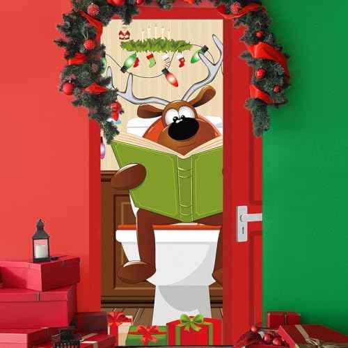 Christmas Door Cover Decoration 6 ft x 3 ft Xmas Deer Elk Outhouse Door Cover Bathroom Backdrop for Holiday Winter Home Indoor Outdoor Decor