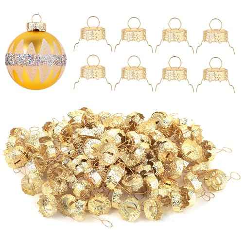 100pcs Round Christmas Ball Ornament Caps 0.71in, Ornament Tops Caps Xmas Hanger DIY Decorations Cap for Christmas Tree Ceramic Glass Porcelain Top Hanging Ornaments, Gold
