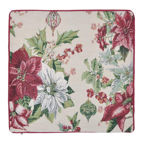 Ivory Christmas Poinsettia & Holly Throw Pillow Cover 18x18in with Red Piping