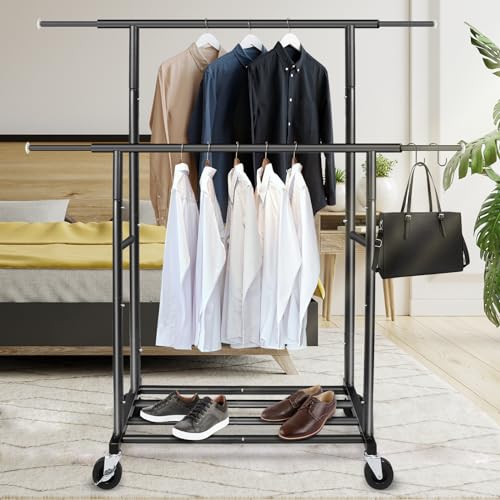 Black Portable Double Rod Garment Clothes Rack with Wheels & Storage Shelf - 48"W x 15"D x 67"H