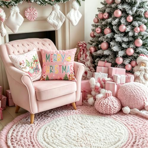 Pink Christmas Pillow Covers Set of 4 18x18 Holiday Watercolor Decor