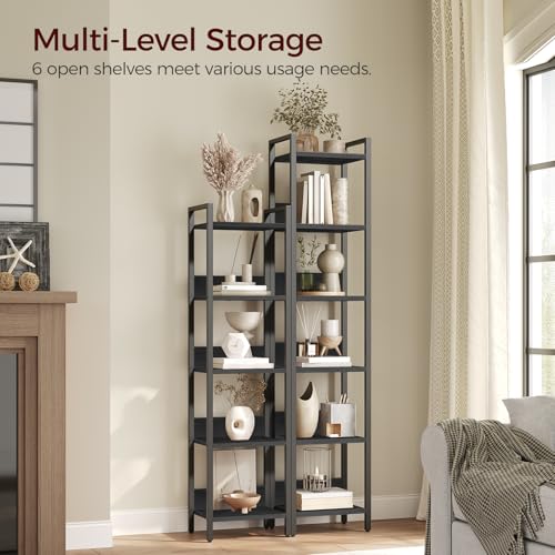 6-Tier Bookshelf for Small Spaces - Black Metal & Wood Storage Shelf