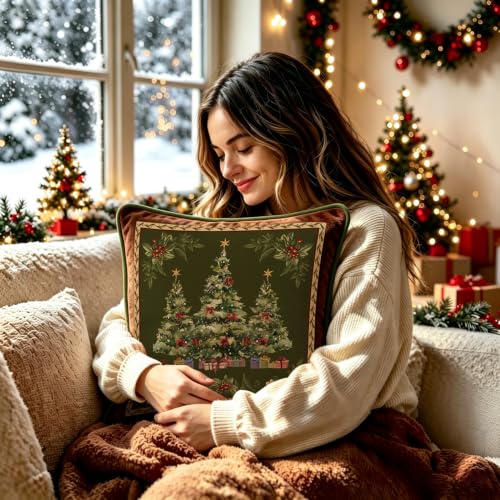 Artmag 24x24 Inch Green Christmas Tree Pillow Cover with Floral Pattern, Velvet Holiday Decor