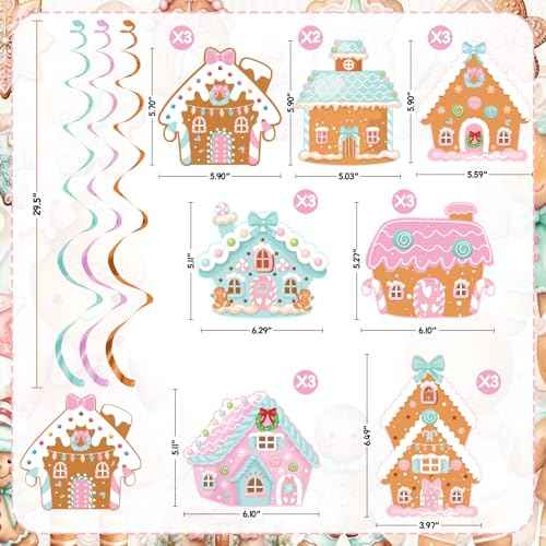 K KUMEED 20 Pcs Gingerbread House Theme Party Hanging Swirls Ceiling Hanging Streamers,Cute Gingerbread House Party Decorations Banner for Christmas Birthday Baby Shower