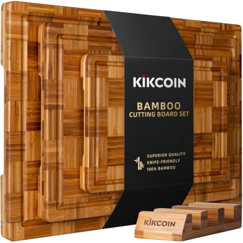Extra Large Bamboo Cutting Board Set - 17 x 12 Inch Kitchen Chopping Boards with Rack