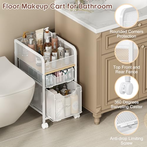 Hongtamoya White Narrow Rolling Makeup Cart with 2 Drawers - Under Desk Organizer