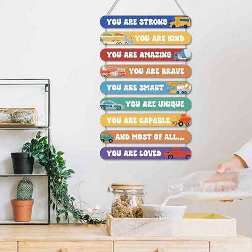 MONALET Inspirational Construction Cars Wall Art Decor for Boys Room Nursery Baby Kids Playroom Bedroom Door, Motivational Hanging Wood Signs Decorations, Positive Affirmations Wooden Plaque, 12x19