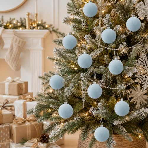Senjie Dust Blue Velvet Christmas Ornaments Set 3.15 Inch - 18 pcs Holiday Decor