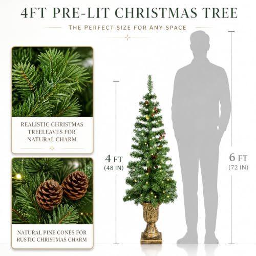 4FT Pre-Lit Artificial Potted Christmas Tree with 50 Warm White LED Lights