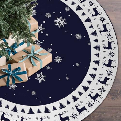 MEYAOHUIH 48in Christmas Tree Skirt Elk Snowflakes Navy Blue - Easy Tie Holiday Decor